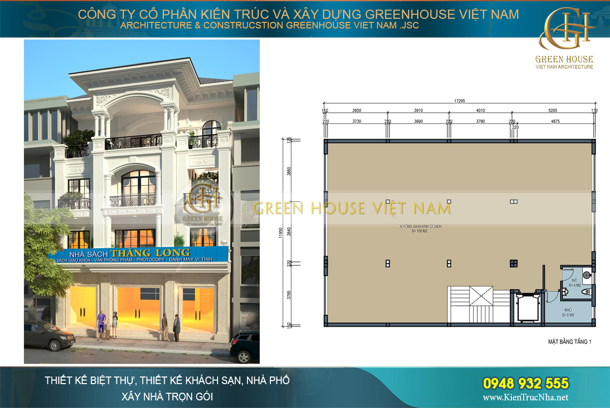 Thiết kế nhà phố kết hợp kinh doanh sách 4 tầng mặt tiền 10m