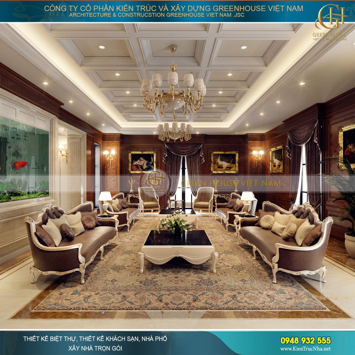 Thiết kế nội thất dinh thự cổ điển Pháp 3 tầng 3000m2