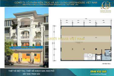 Thiết kế nhà phố kết hợp kinh doanh sách 4 tầng mặt tiền 10m